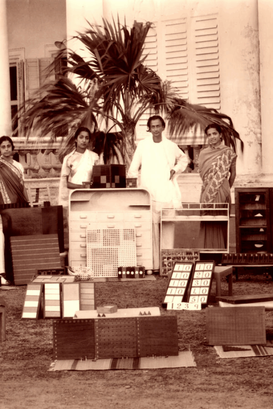Maria and Mario Montessori reviewing Montessori materials in Adyar India 1941.